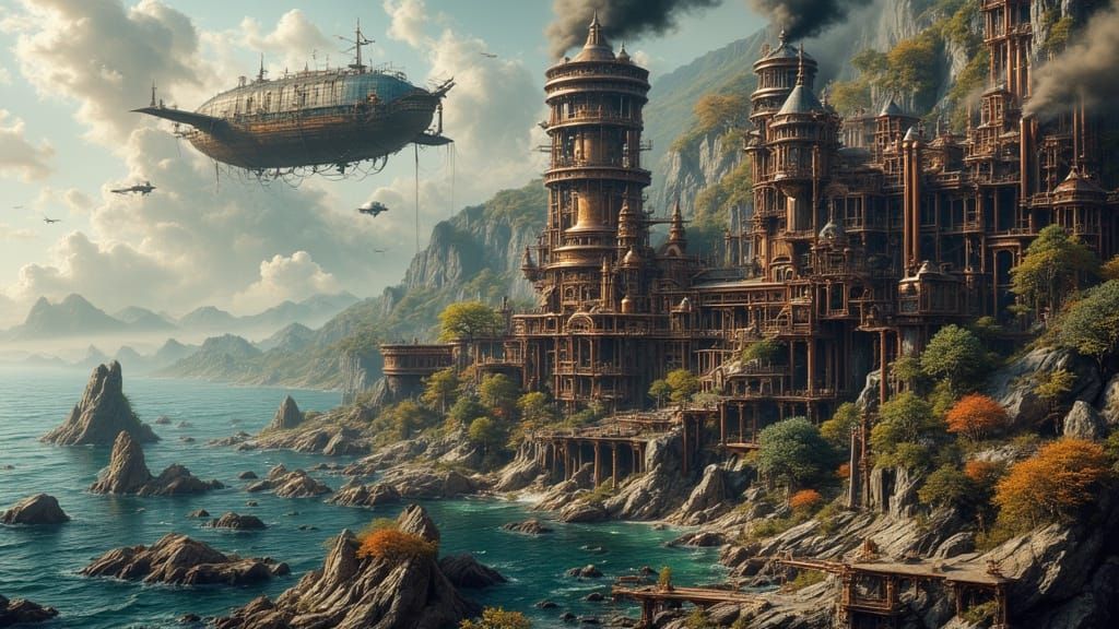 Victorian Steampunk Haven with Airships in Rocky Bay