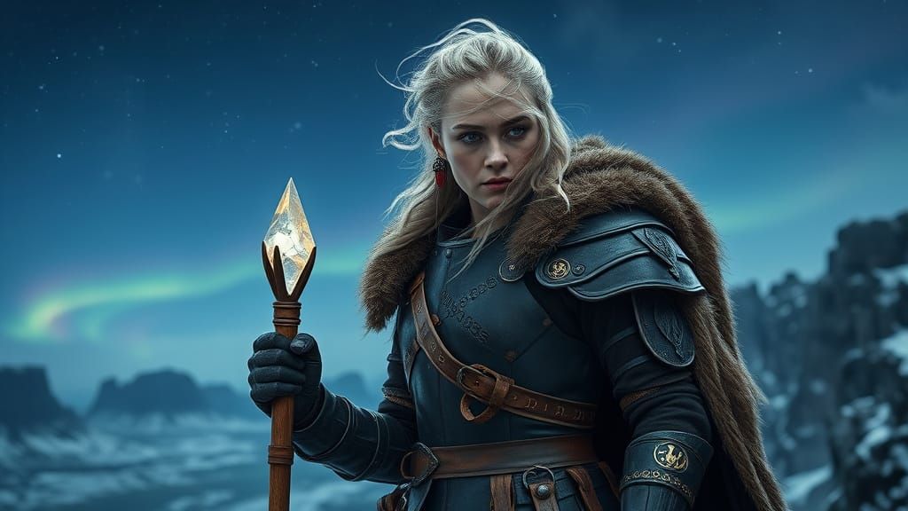 Hyperrealistic Norse Valkyrie Göndul on Windswept Peak