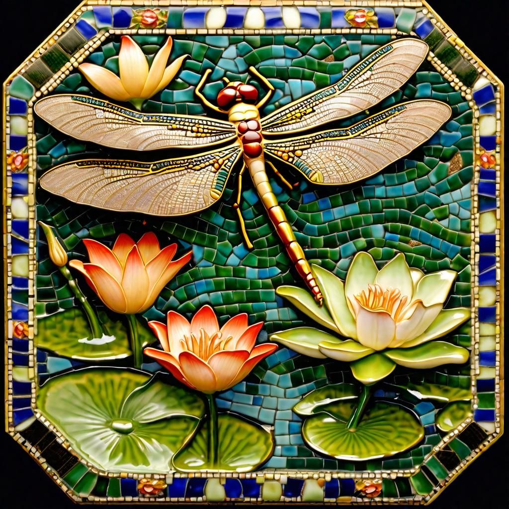 Art Nouveau Egyptian Revival Dragonfly on Lilypad
