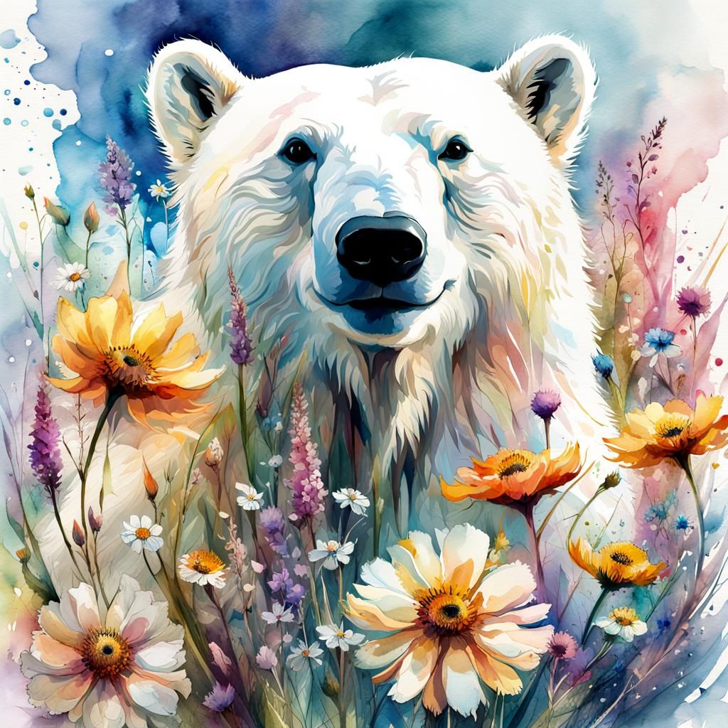 Smiling Polar Bear in Spring: Watercolor Illustration