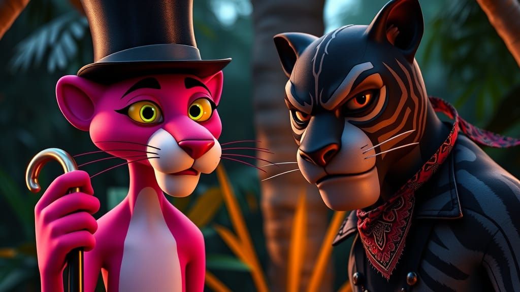 Pink Panther Scorns Black Panther in Jungle Standoff