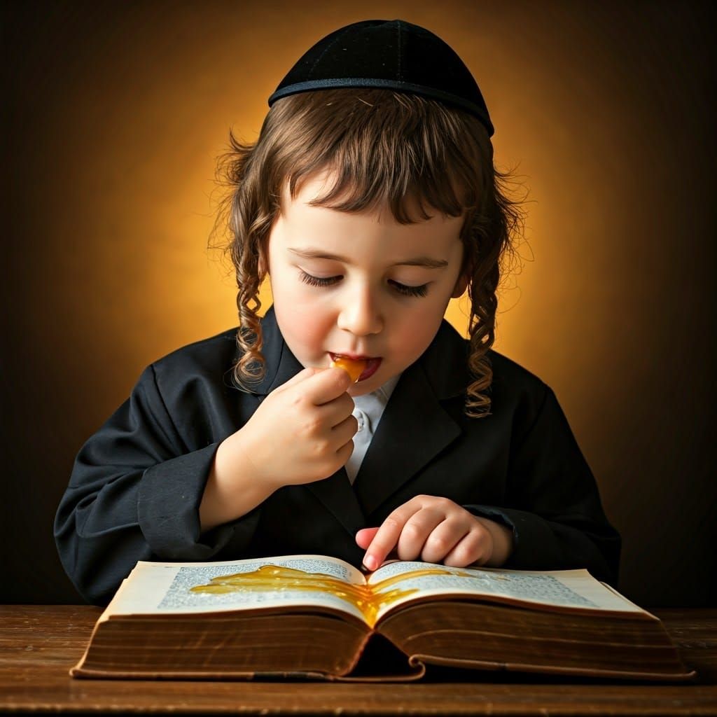 Young Boy's Golden Moment: A Hasidic Scene