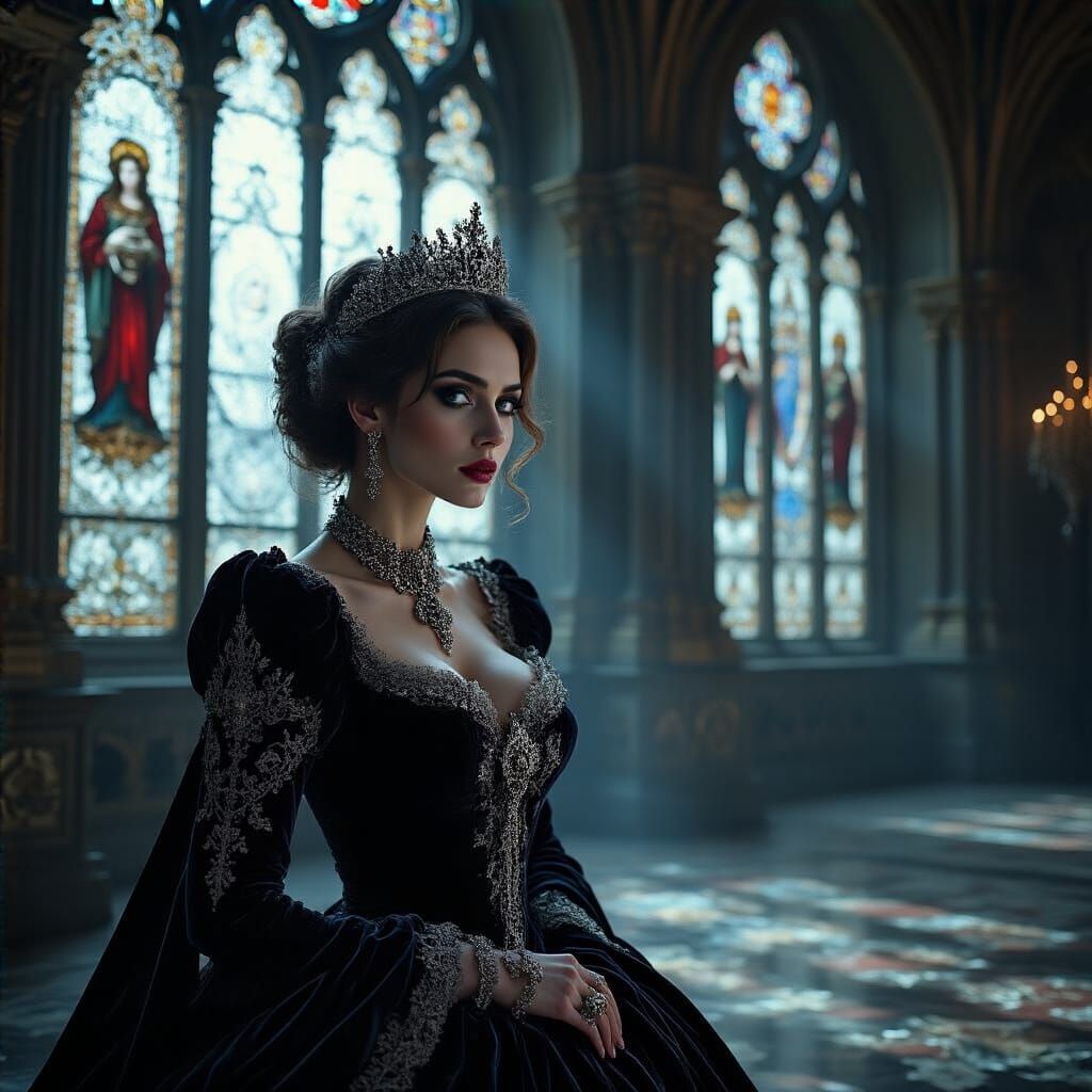 Noblewoman in Gothic Ballroom, Cinematic Impressionistic Sty...