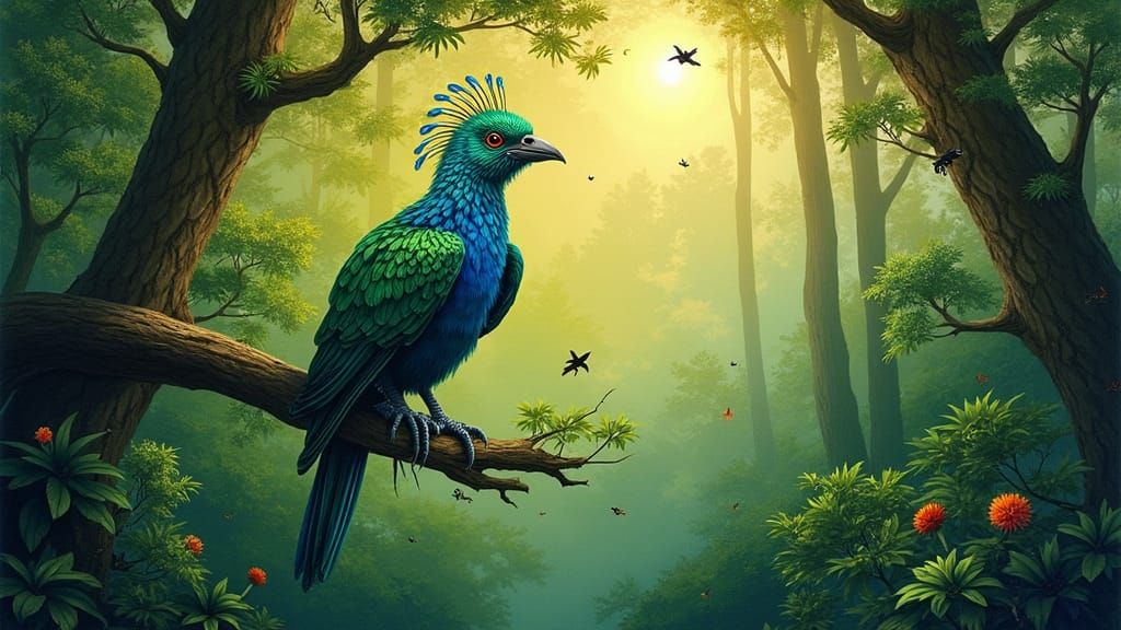 Enchanted Forest Song: Bird in Naive Art Style