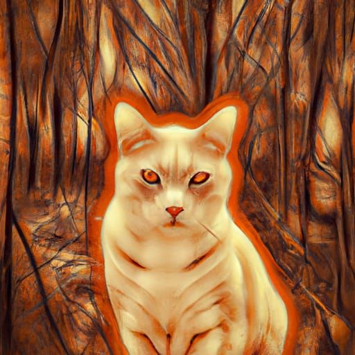 Ginger Cat in Post-Apocalyptic Forest, Charcoal Drawing