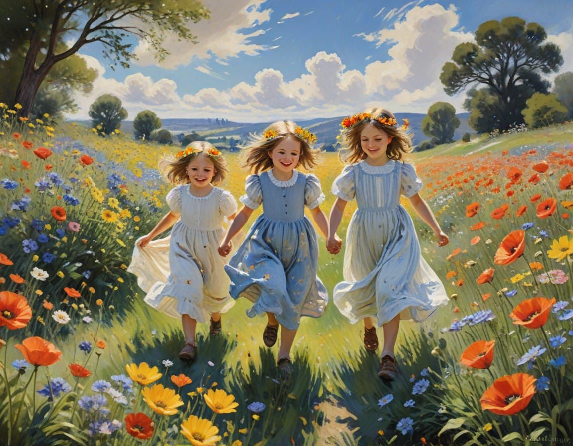 Children in Whimsical Wildflower Meadow