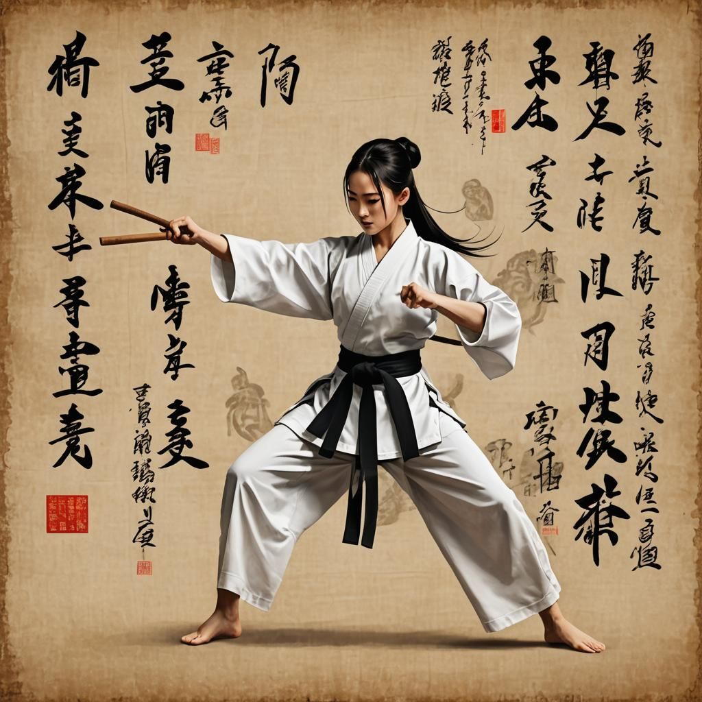 Martial Arts Girl on Ancient Scroll