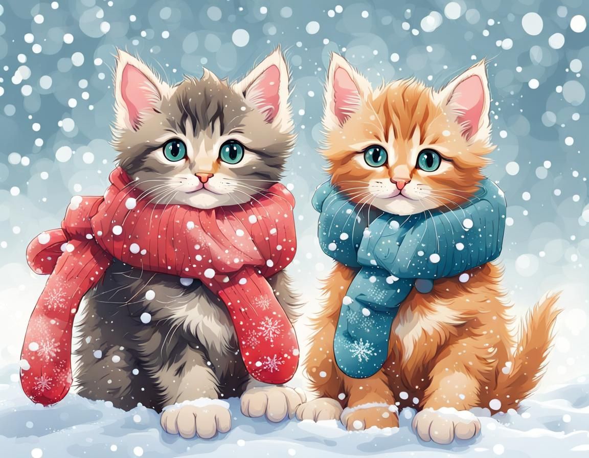 Kittens in Mittens Play in the Snow