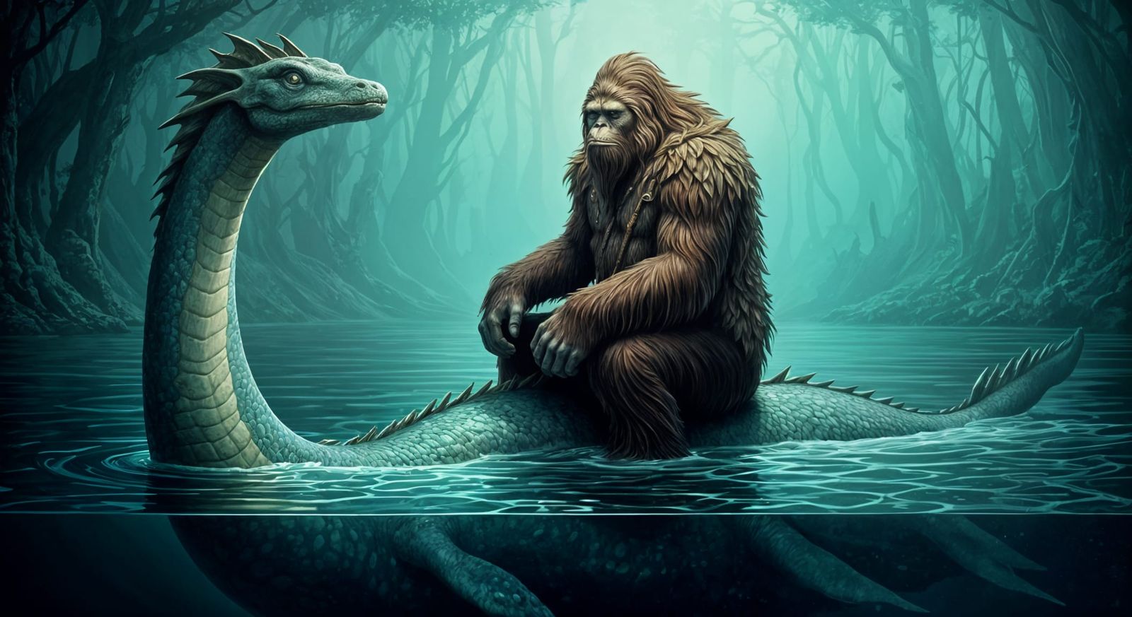 Bigfoot Rides Nessie in Vintage Pen-and-Ink Illustration