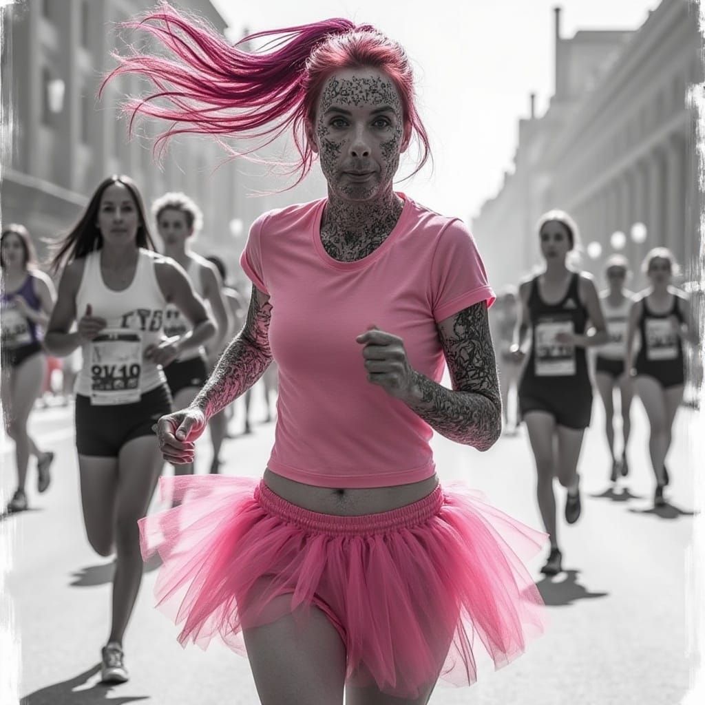Noir Charcoal Sketch of Pink-Haired Woman Running