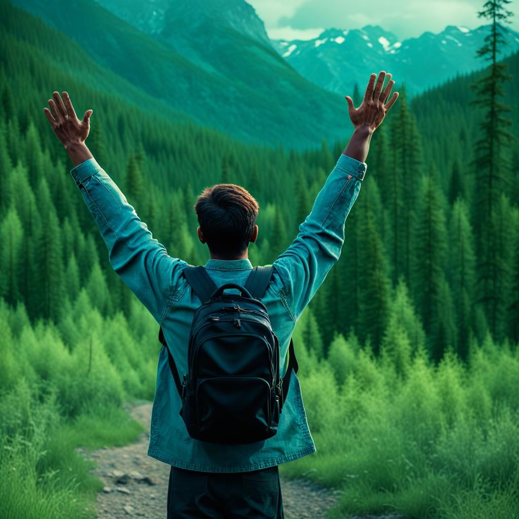 Person in Nature with Arms Raised: Photorealistic