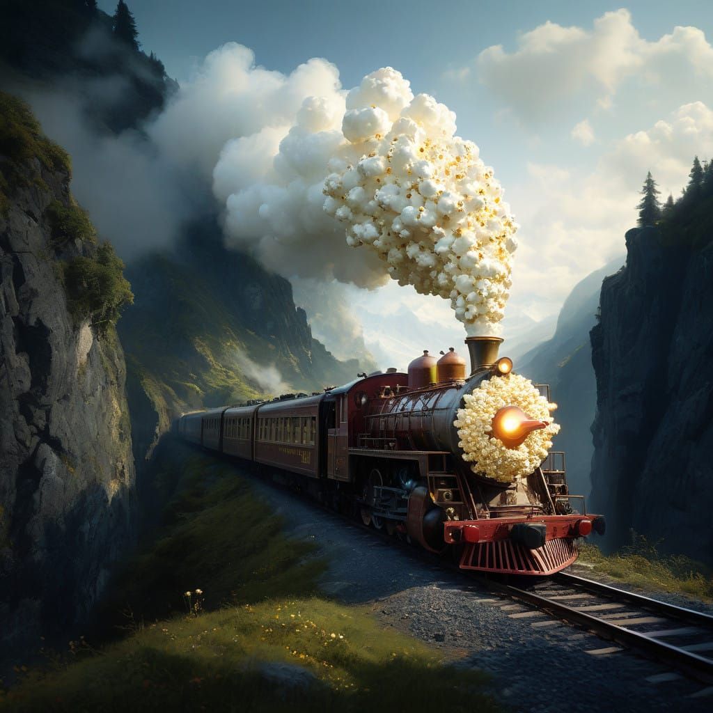 Steam Train Made of Popcorn in a Mountain Pass