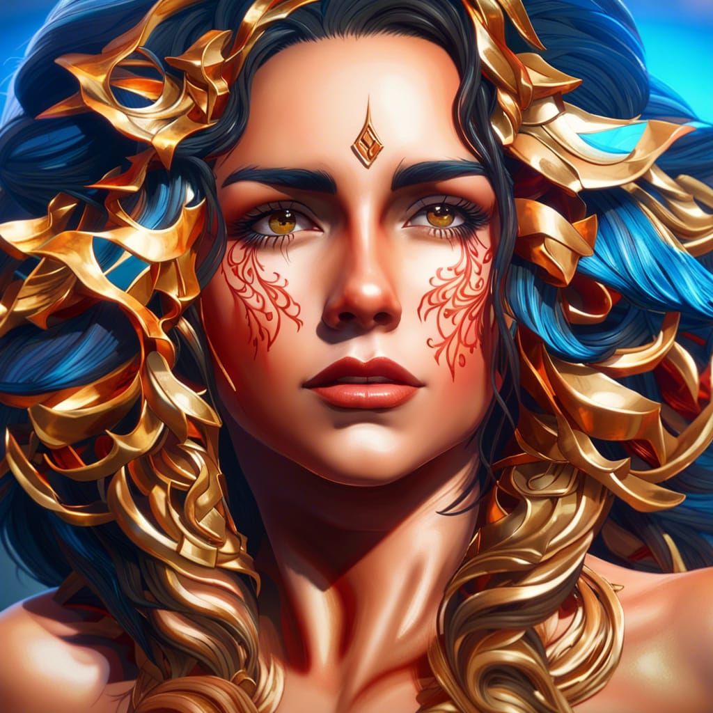 Golden Woman on Marble Steps in 3D Style