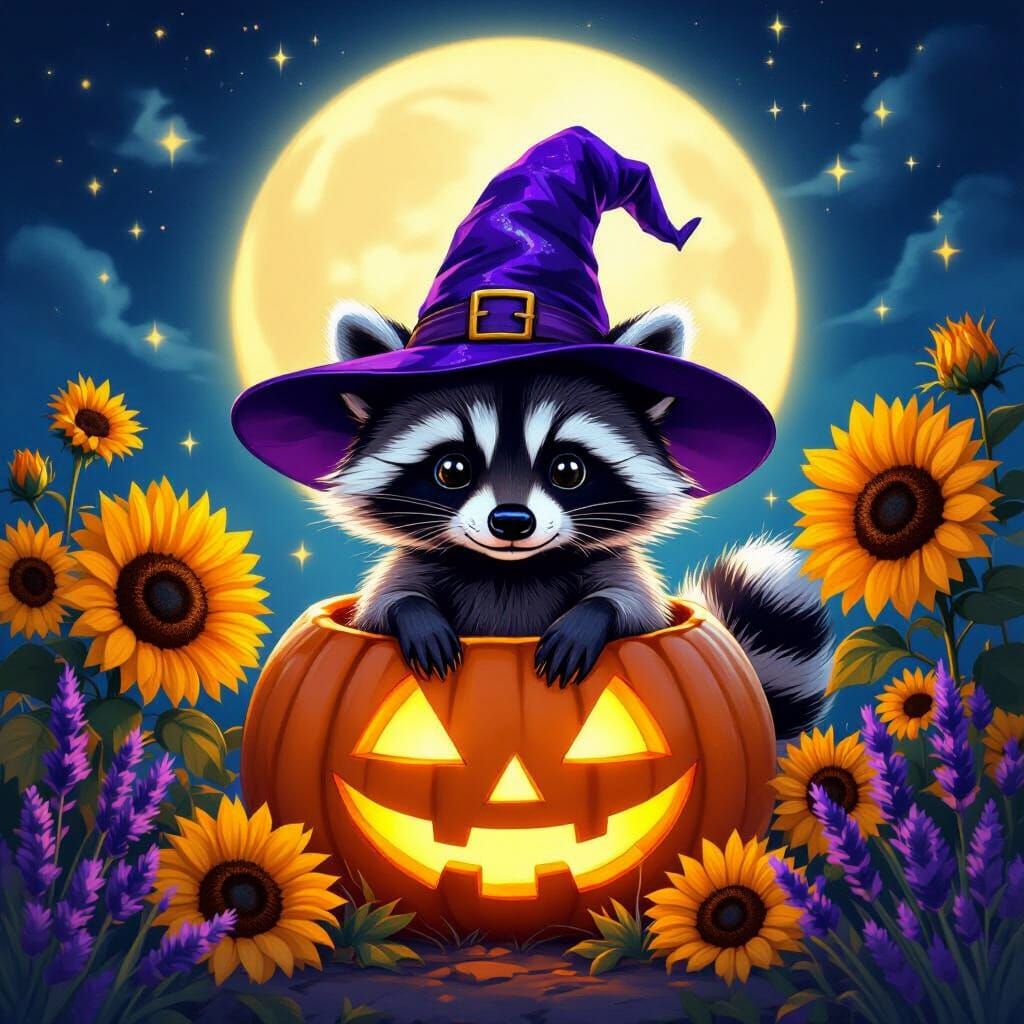 Raccoon Witch in Jack-o-Lantern, Whimsical Art