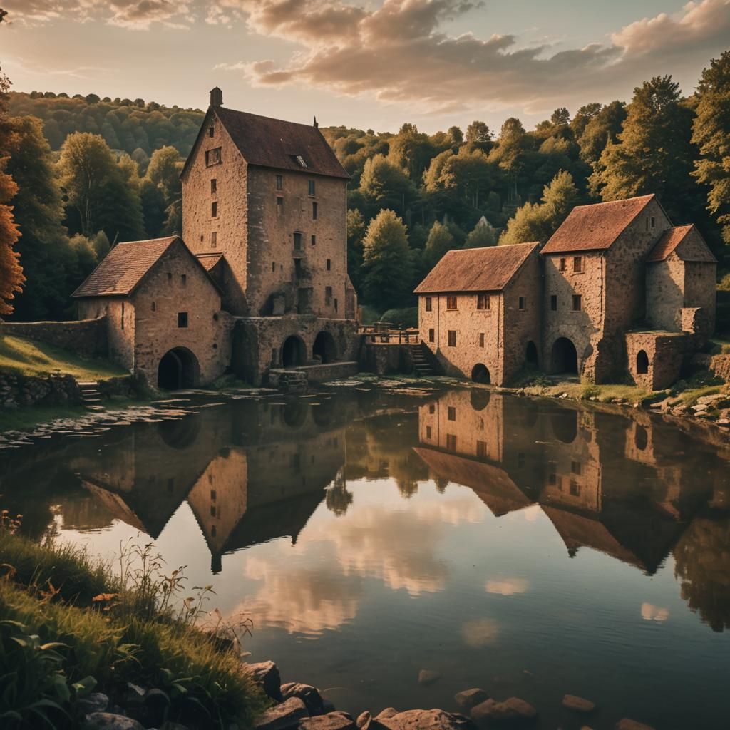 Medieval Mill Overlooking Lake at Sunset