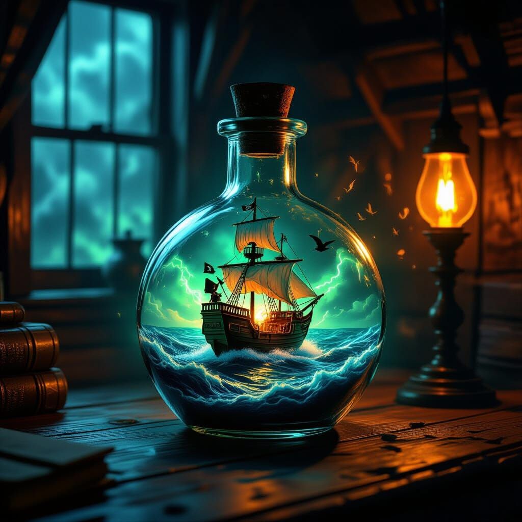 Miniature Pirate Ship in a Bottle with Neon Lights