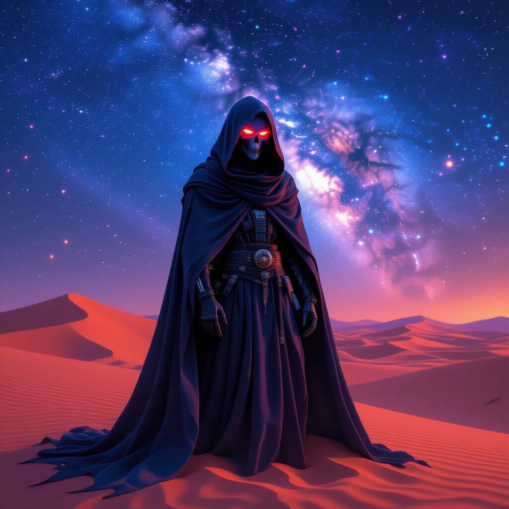 Grim Reaper Amidst Desert Dunes in Cyberpunk Style