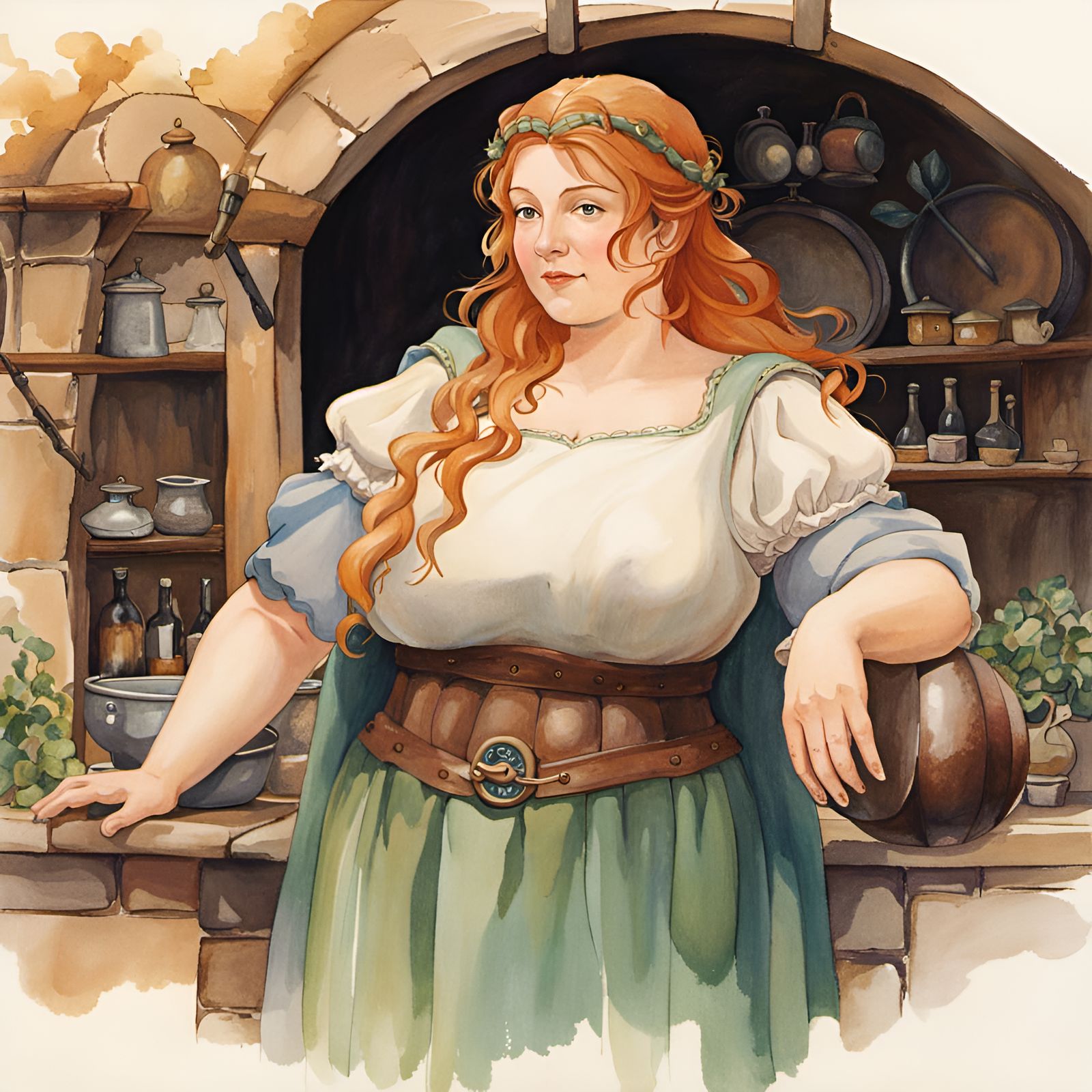 Medieval Tavern Barmaid in Ghibli Watercolor Style