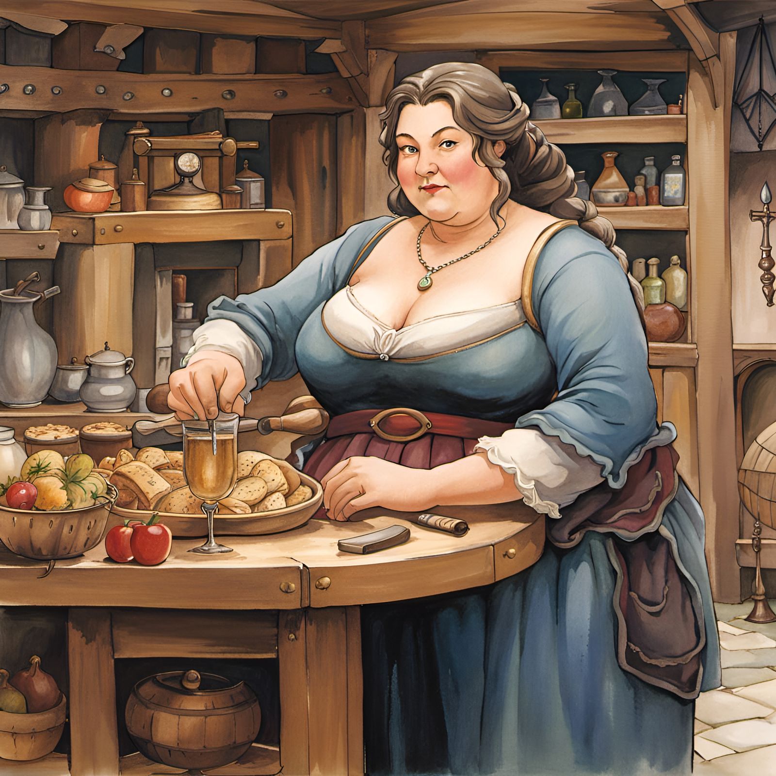 Curvy Tavern Owner in Watercolor Style