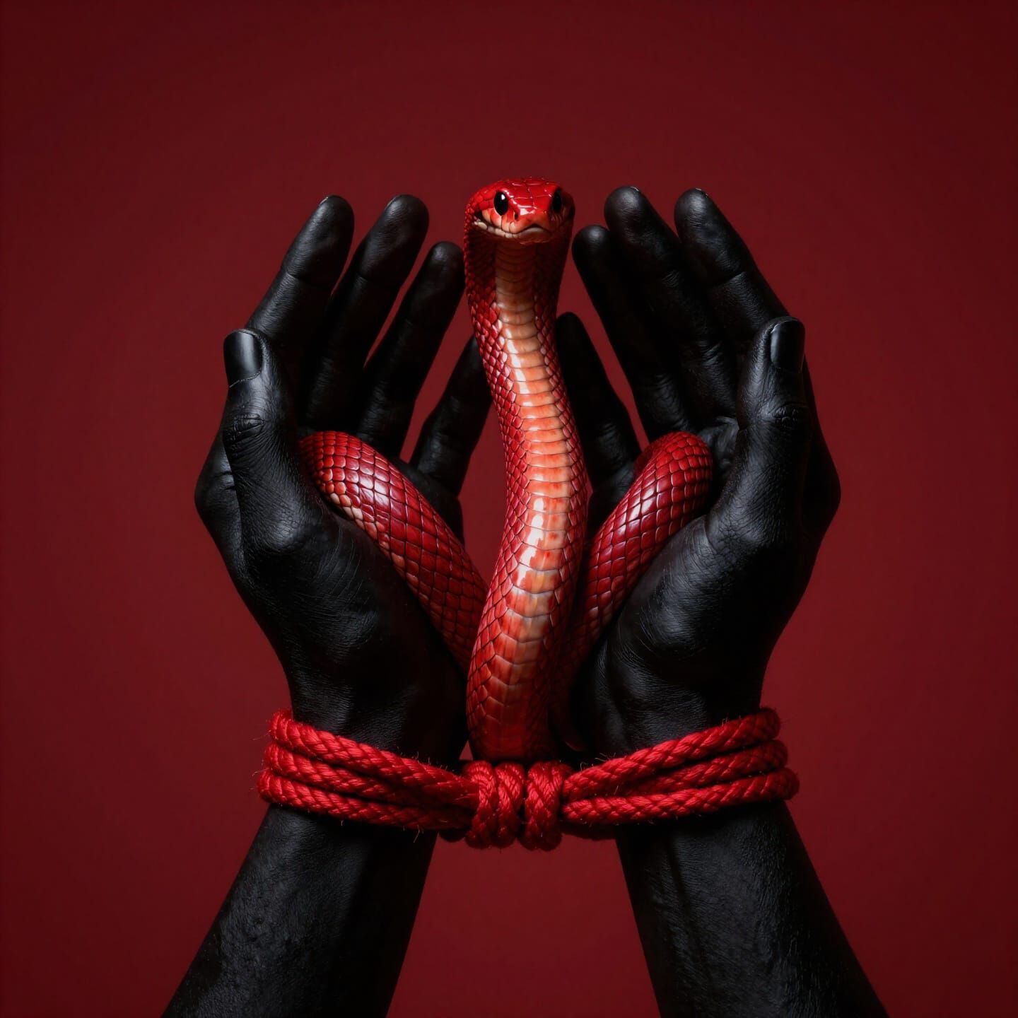 Vivid Red Snake Held by Bound Hands in Dramatic Contrast