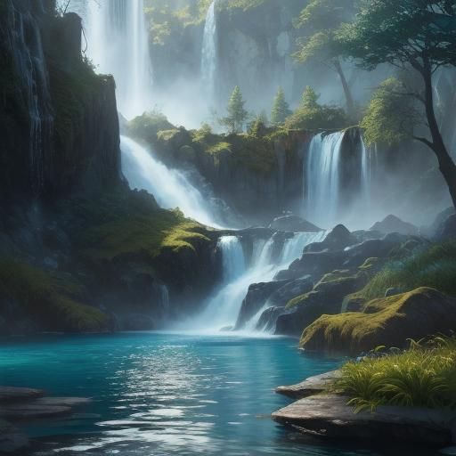 Majestic Waterfall: Vivid Oil Painting in Fantasy Art Style