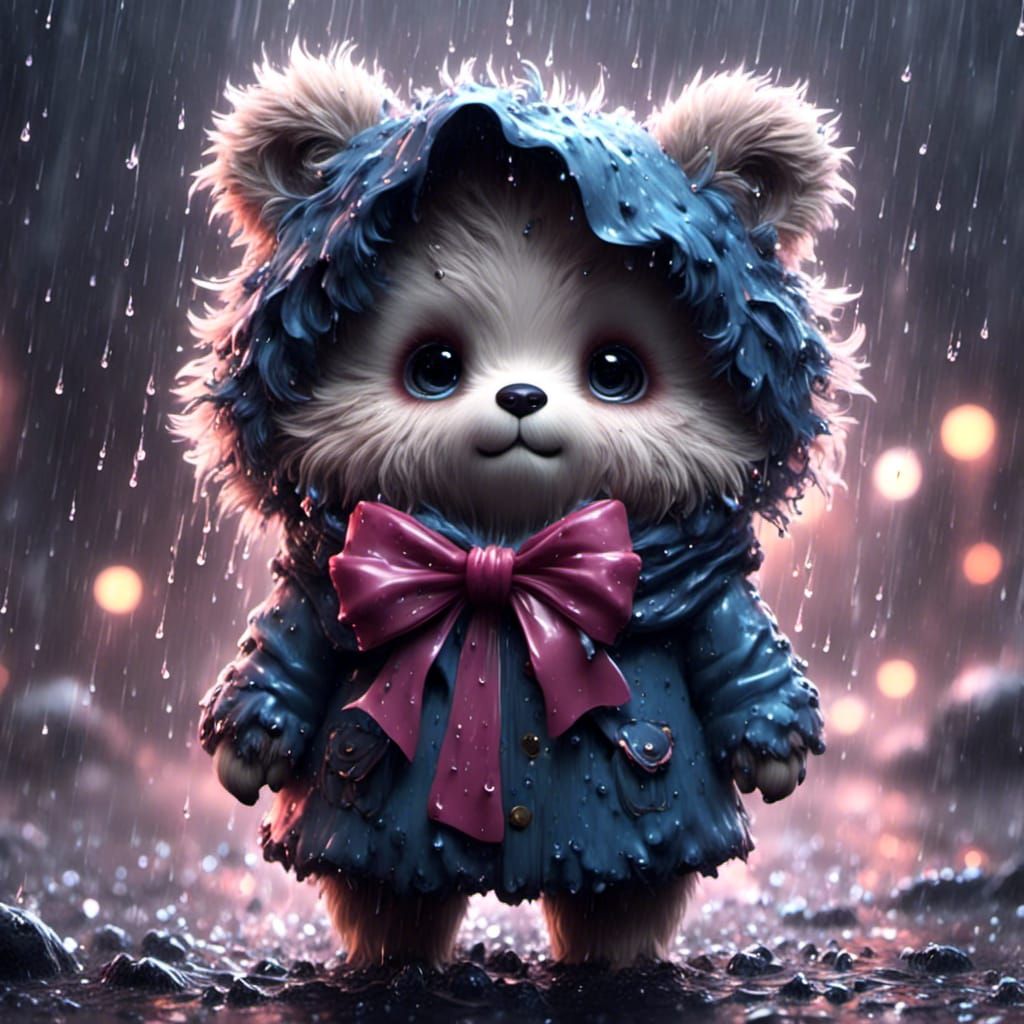 Chibi Fluffy Bear with Bow in Rainy Sparkles