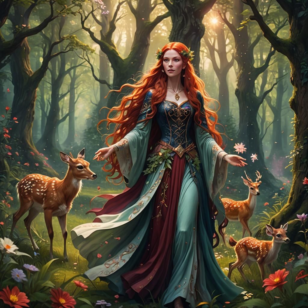 Enchantress of Flora and Fauna in a Mystical Forest