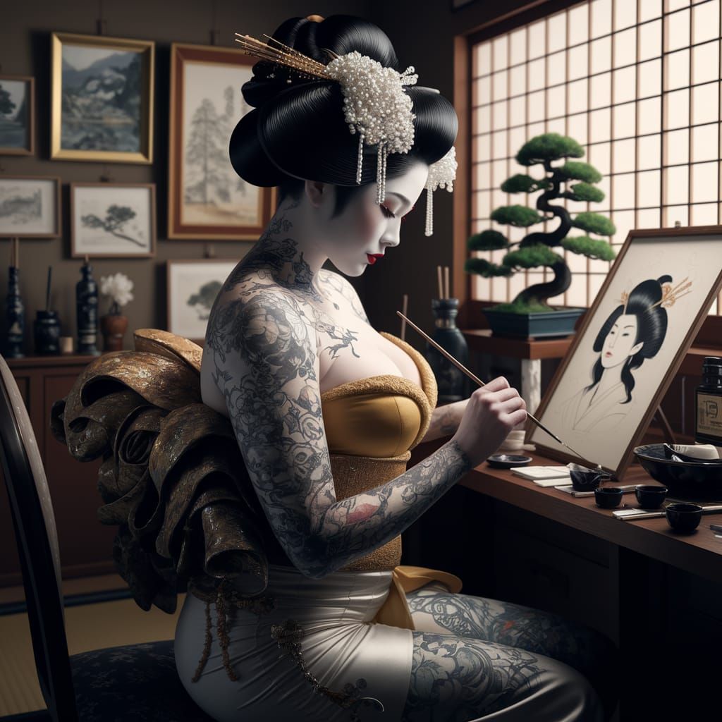 Geisha in Japanese Art Studio: Traditional Portrait