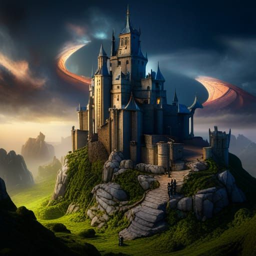 Fantasy Castle with Dragons and Wizards, Detailed Matte Pain...