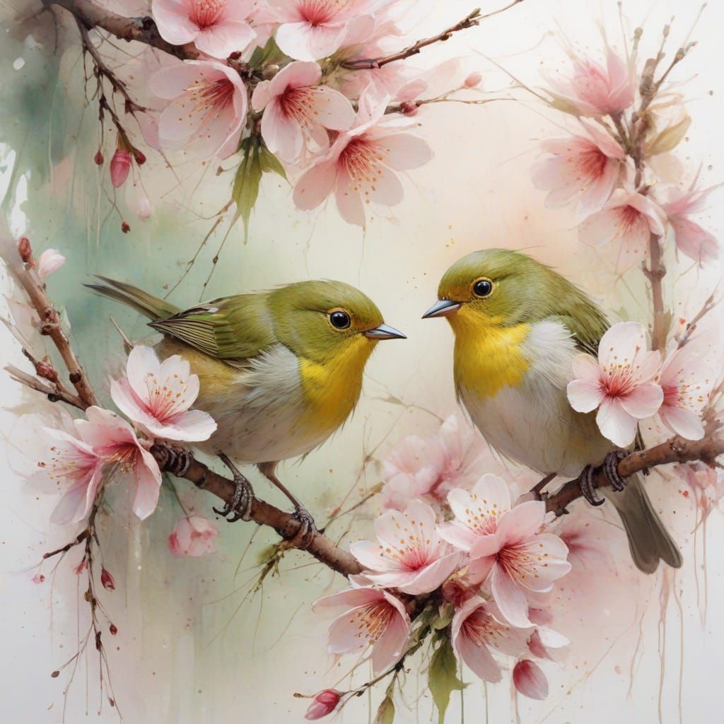 Japanese White-Eyes in Plum Blossoms: Watercolor