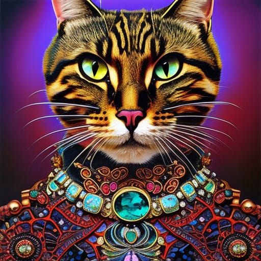 Cat with Jewelry: Intricate Liquid Crystal Illustration