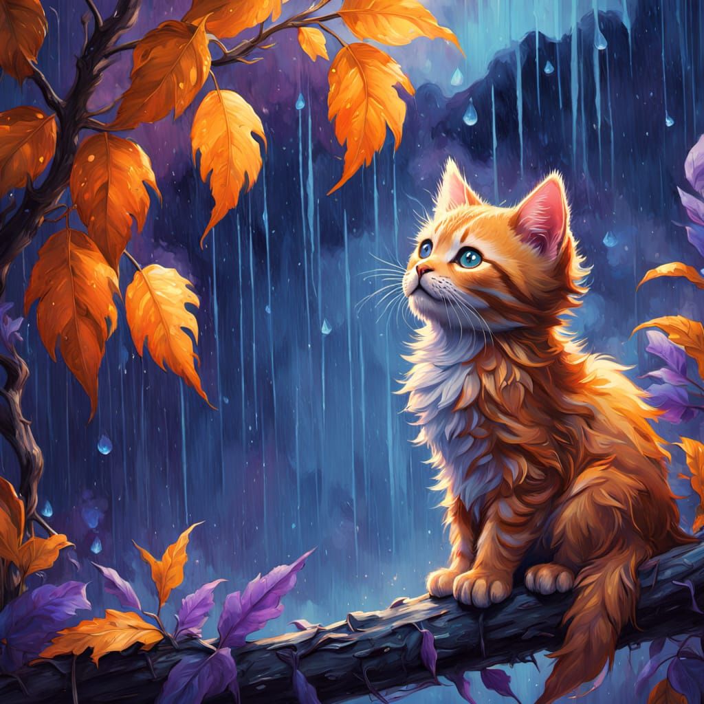 Whimsical Tabby Seeks Shelter Under Crow's Wing in Rainy Fan...