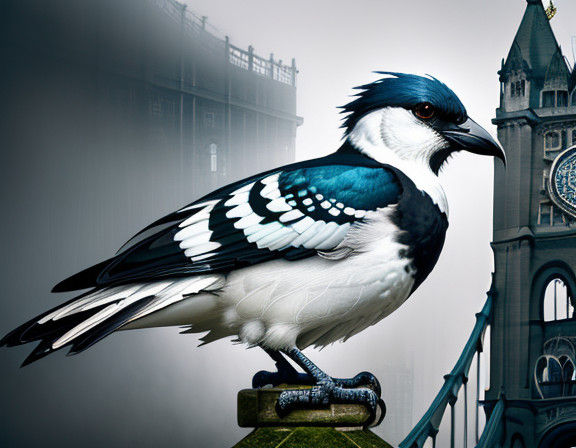 Magpie on Foggy Ground in Dreamy Fantasy Landscape