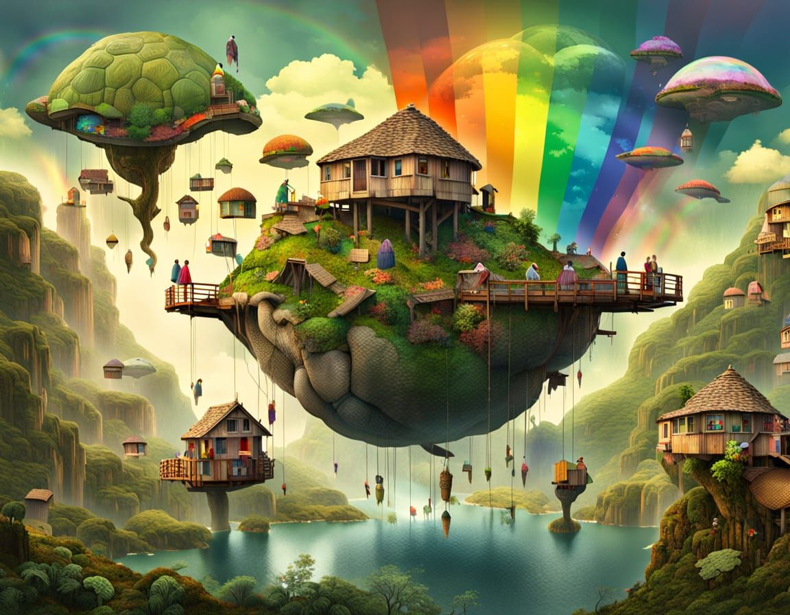 Whimsical Treehouse Village on a Giant Tortoise in a Surreal...