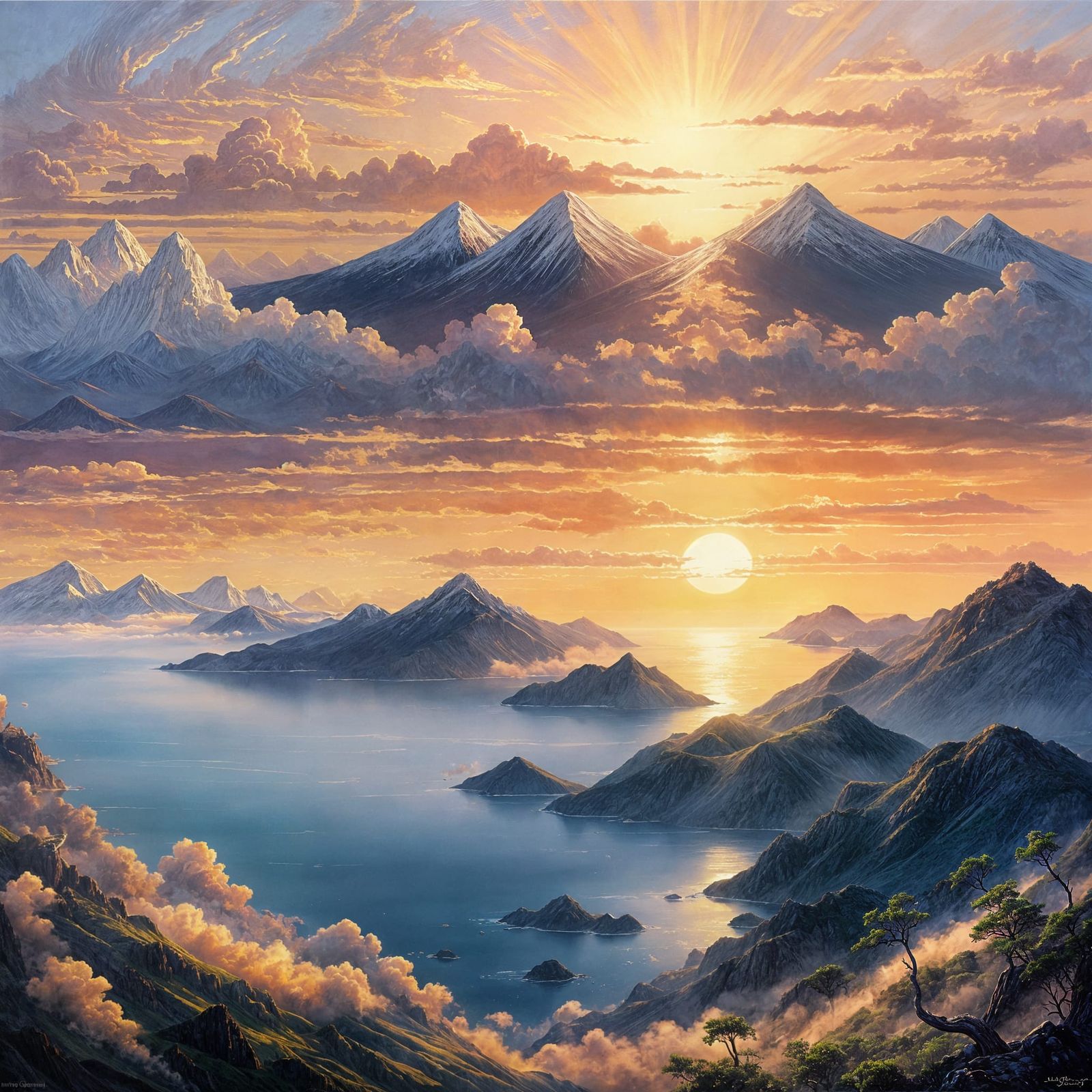 Mountain Sunrise Oil Painting with Golden Light