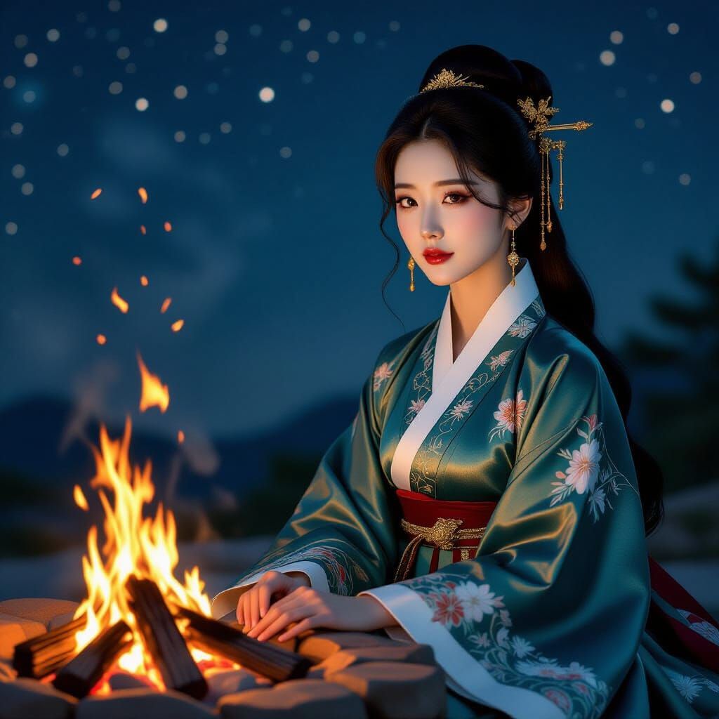 Korean Woman in Hanbok by Bonfire, Hyperrealistic Portrait