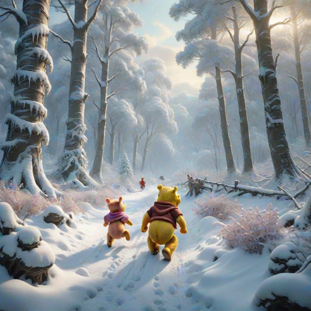 Epic Winnie the Pooh and Piglet in a Majestic Snowy Forest S...