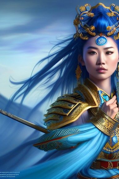 Asian Warrior in Regal Blue Outfit