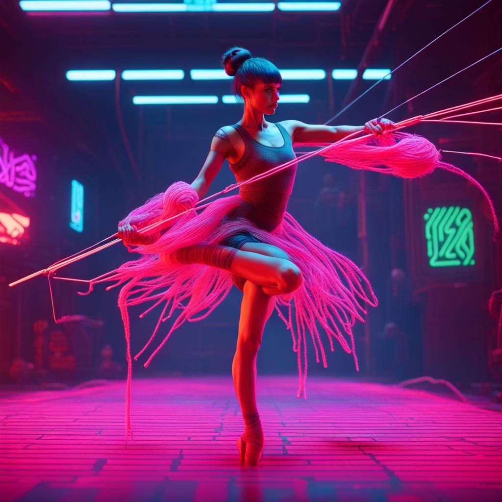 Ballerina Dances with Yarn in Cyberpunk Neon