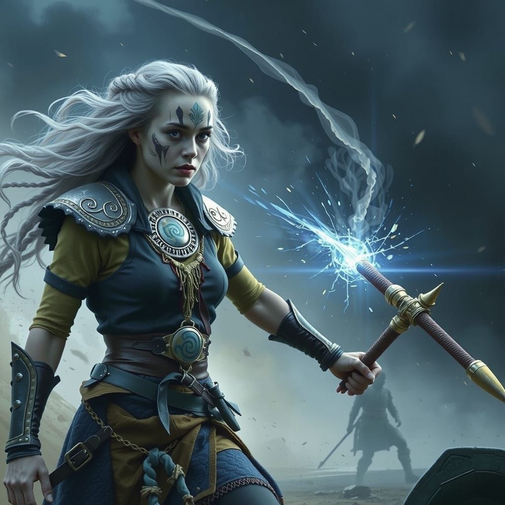 Fierce Celtic Warrior Woman Charging into Battle