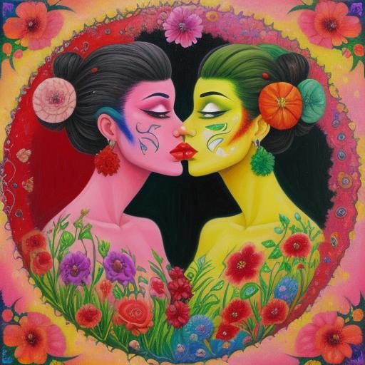 Flowers with Human Lips Smooching in Trippy Oil Painting