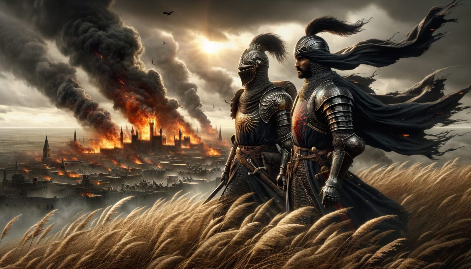 Knights Witness Burning City in Hyper-Realistic Style