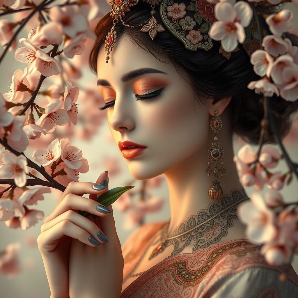 Art Nouveau Woman with Floral Patterns and Cherry Blossoms