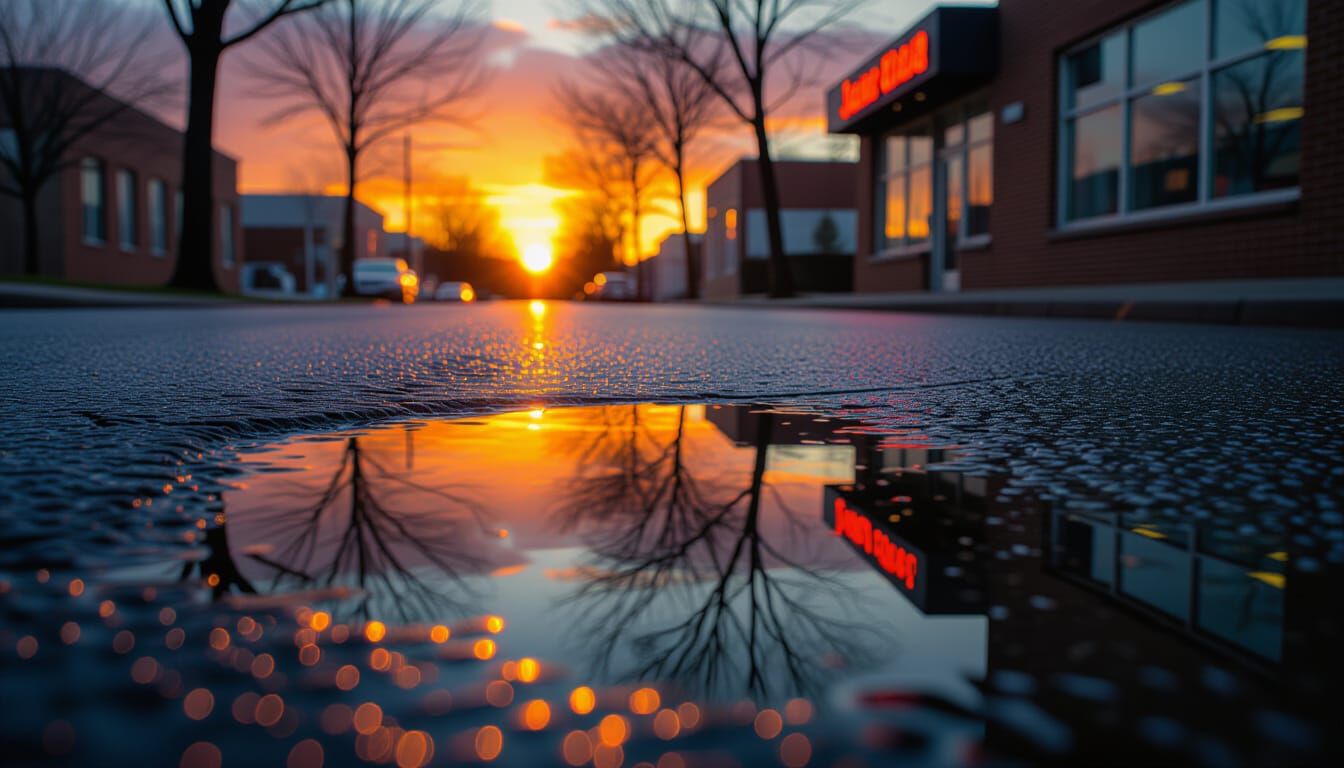Sunset Reflection on Wet Asphalt Road