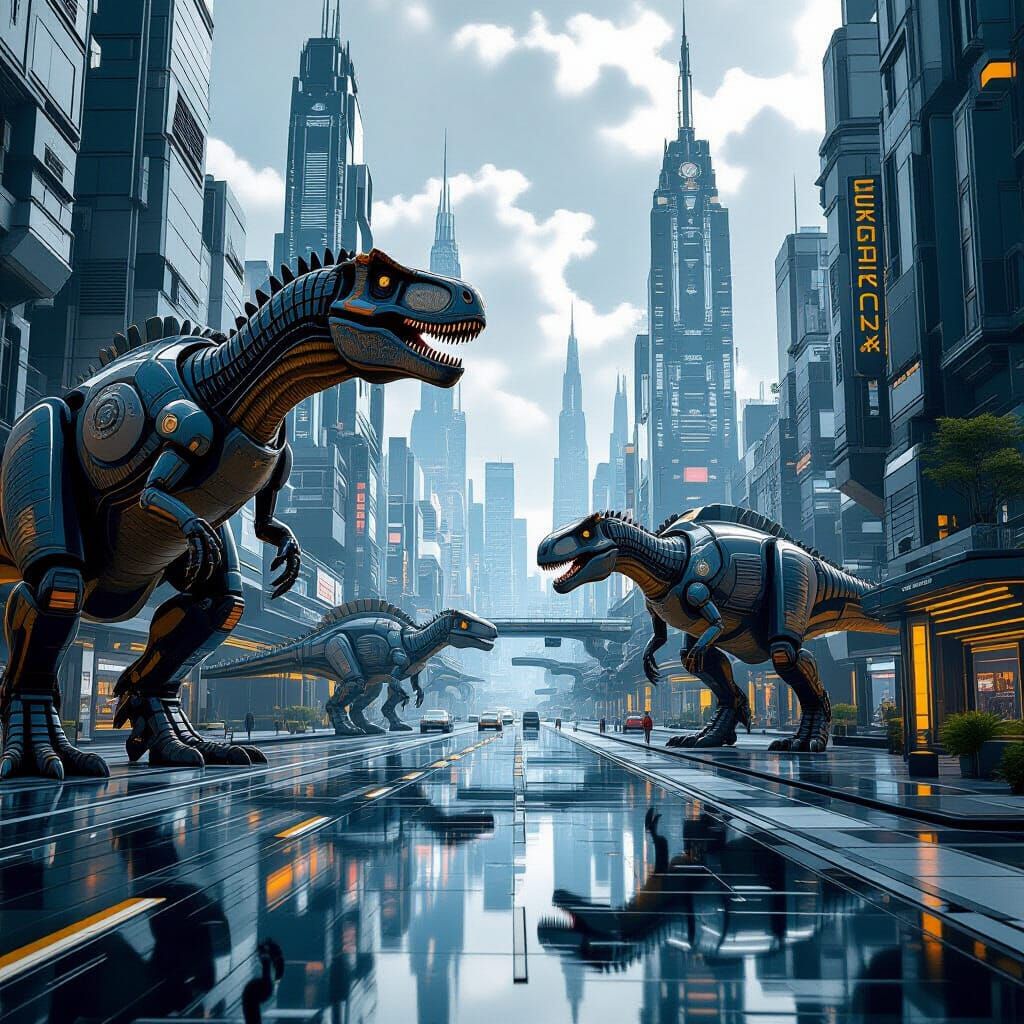 Futuristic Cityscape with Dinosaurs and Mechs