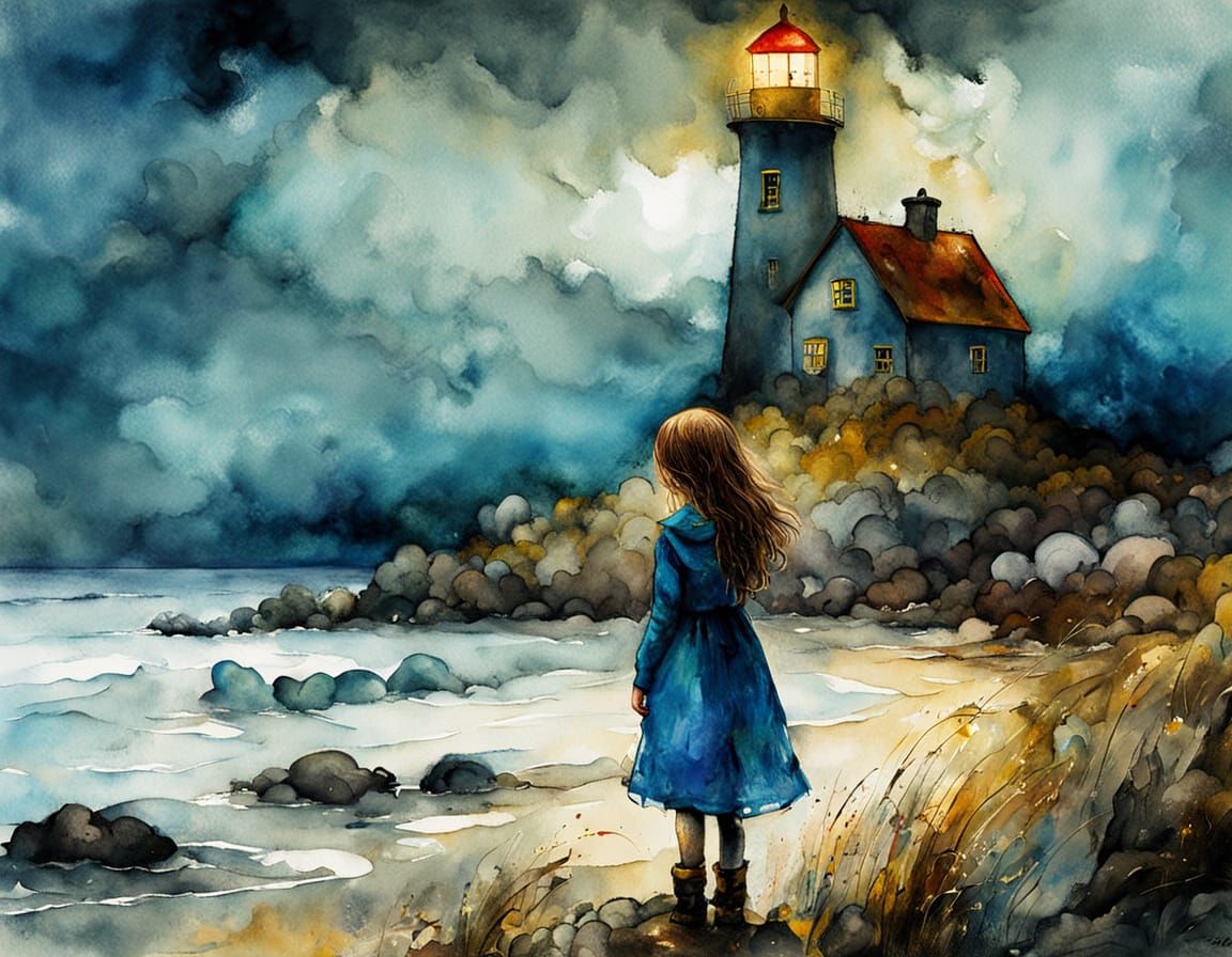 Girl by Lighthouse: Expressionist Watercolor Painting