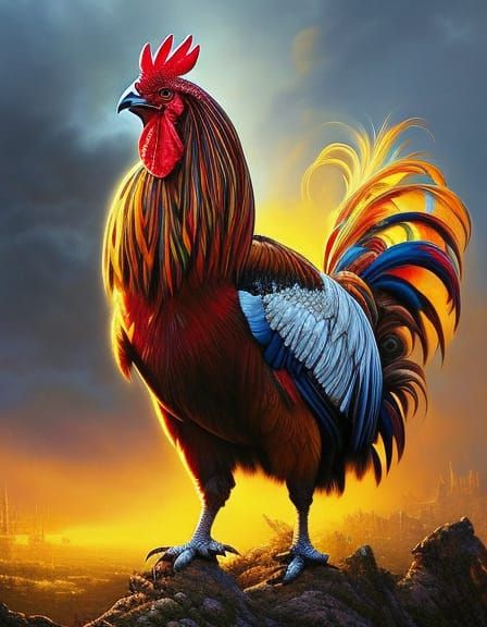 Majestic Rooster Portrait at Sunrise in Dripping Paint Style