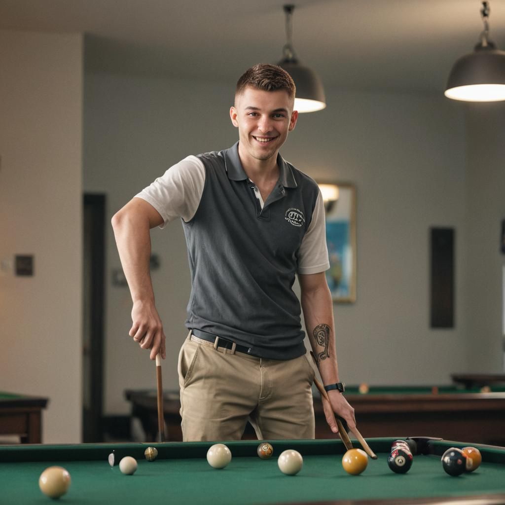 Focused Slavic Boy Aims Billiard Cue in Smoky Bar