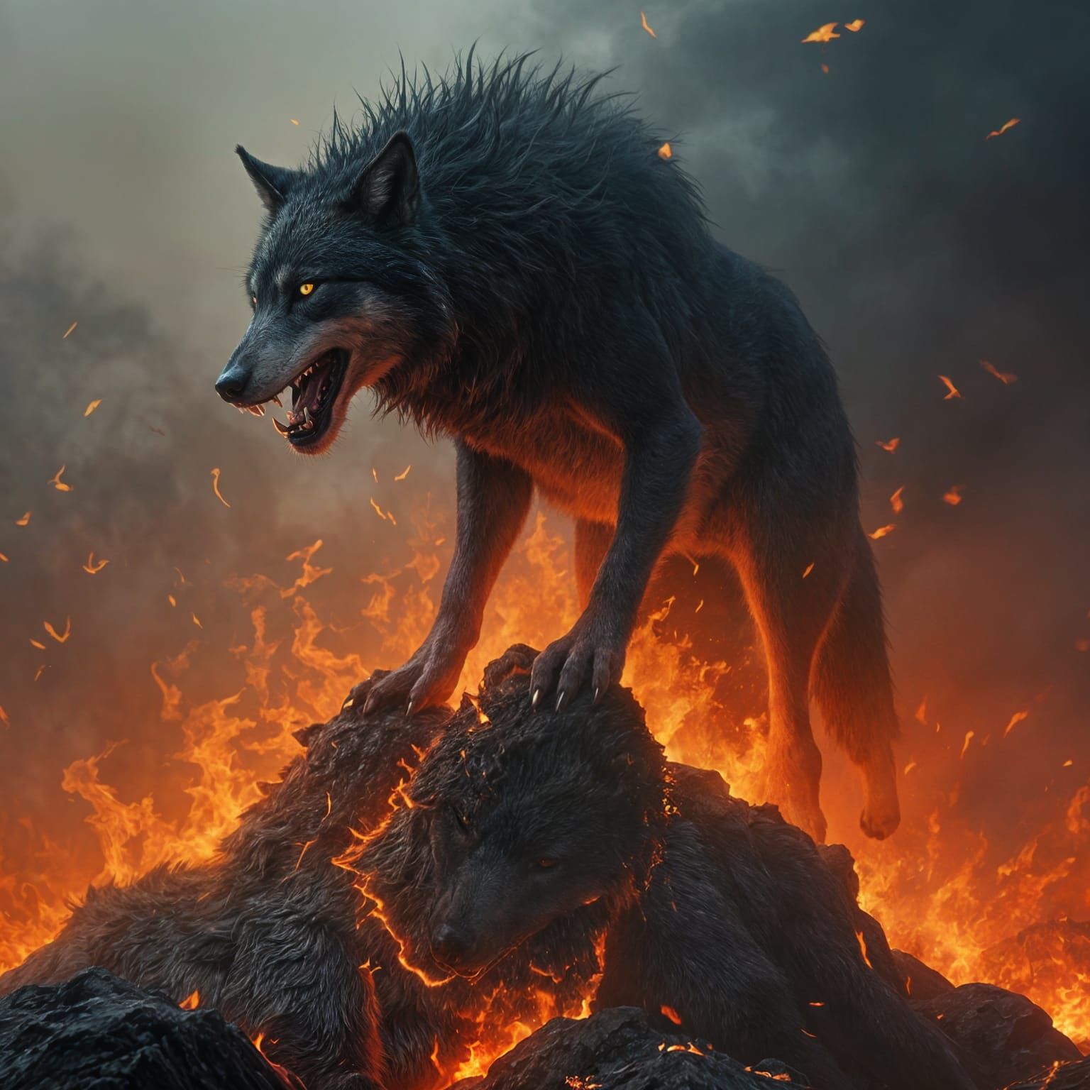 Wolf Tormented in a Fiery Abyss