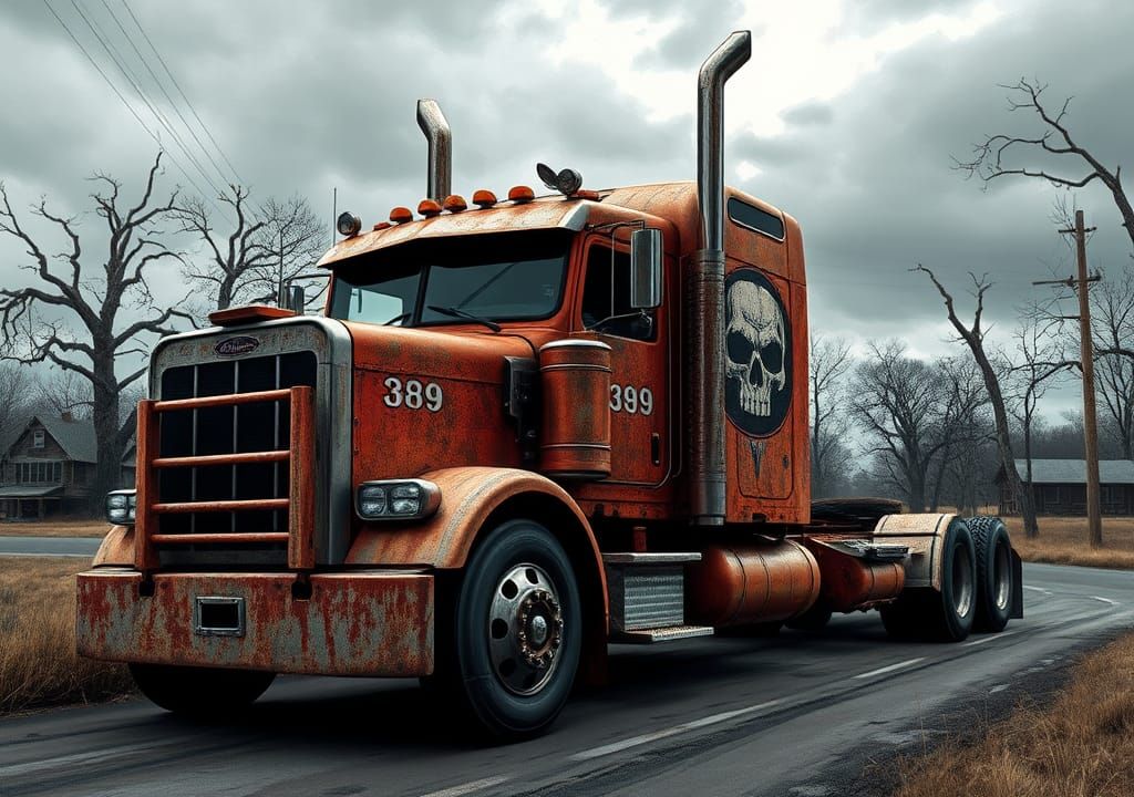 Weathered Semi-Truck with Skull Logo in Comics Style